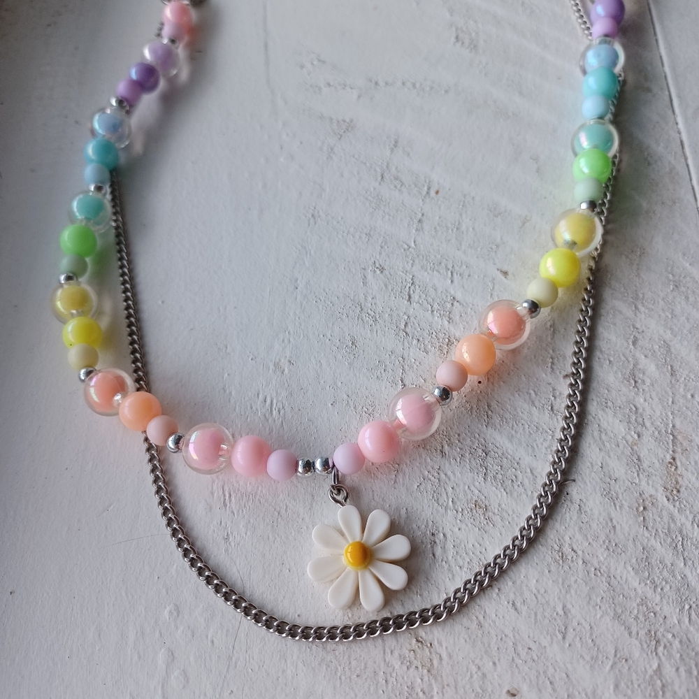 Pastel Beaded Necklace with Daisy Pendant